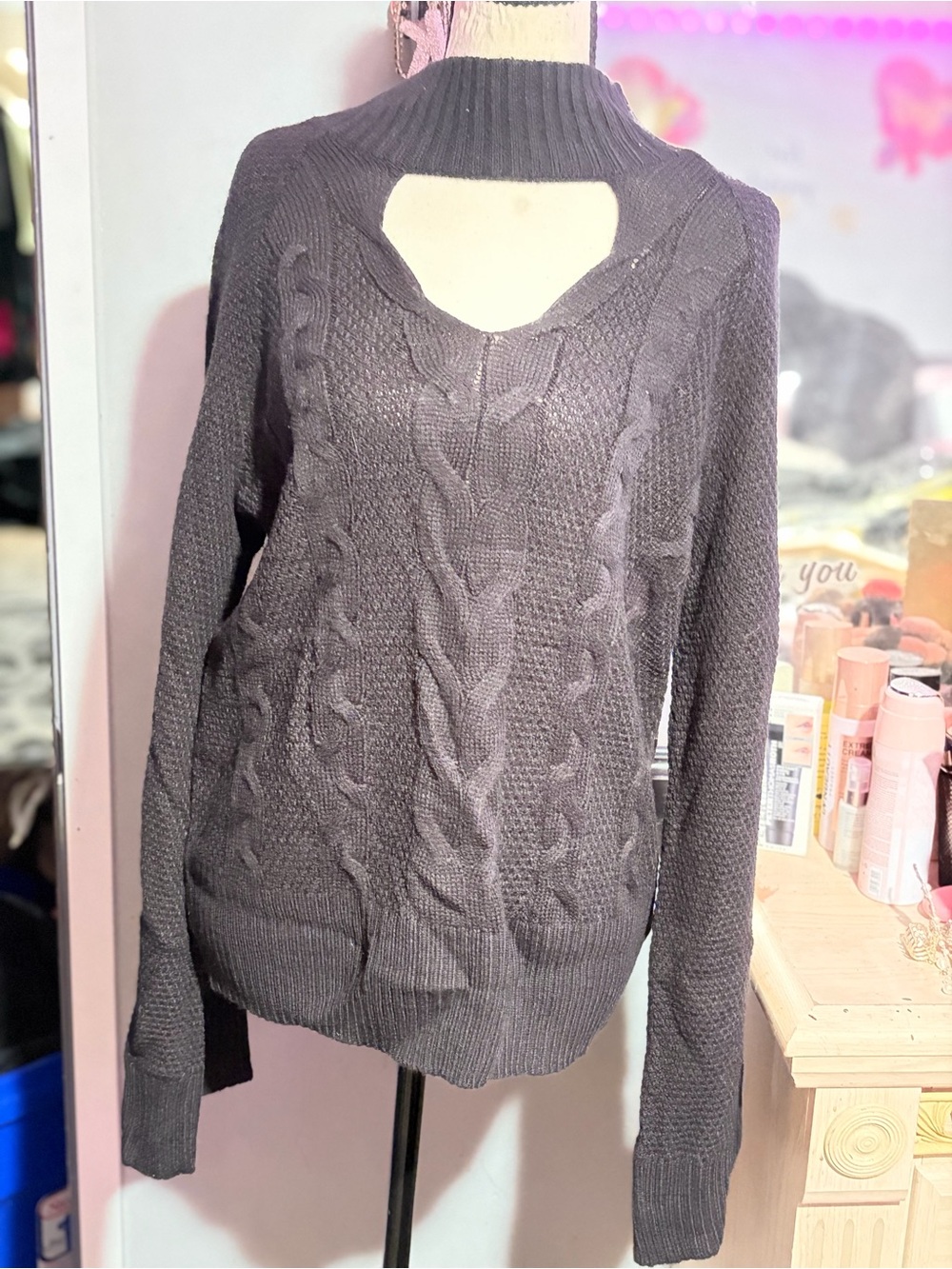 NWOT Vintage Y2K a.n.a Black Cable Knit  Sweater with Cutout Choker-M